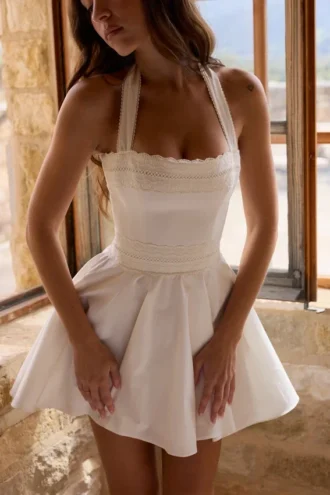 Cosette White Broderie Anglais + Cotton Halter Neck Mini Dress