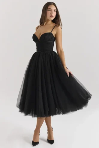 Countess Black Tulle Ruched Bodice Midi Dress