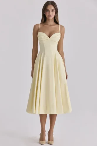 Dahlia Lemon Cotton Princess Cut  Midi Sundress