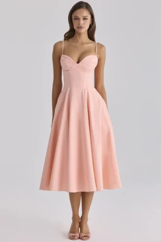 Dahlia Peach Cotton Pleated Midi Sundress