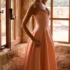 Dahlia Peach Cotton Pleated Midi Sundress