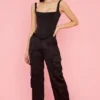 Daria Black Satin Straight Leg Cargo Trousers