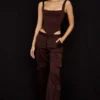 Daria Chocolate Satin Cargo Trousers