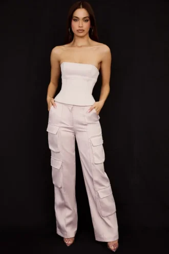 Daria Crystal Satin Straight Leg Cargo Trousers