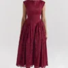 Debutante Berry Lace Backless Midi Dress