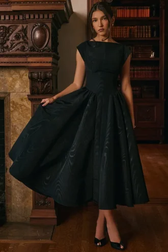 Debutante Black Moire Satin Backless Midi Dress