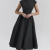 Debutante Black Moire Satin Backless Midi Dress
