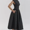 Debutante Black Moire Satin Backless Midi Dress