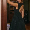 Debutante Black Moire Satin Backless Midi Dress