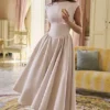 Debutante French Dove Moire Satin Backless Midi Dress