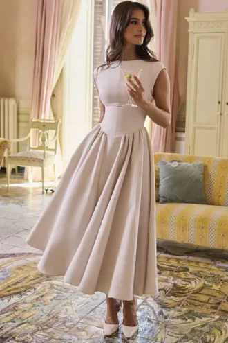 Debutante French Dove Moire Satin Backless Midi Dress