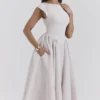 Debutante French Dove Moire Satin Backless Midi Dress