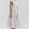 Debutante French Dove Moire Satin Backless Midi Dress