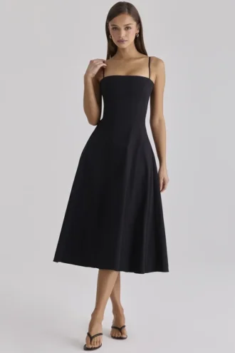 Dolly Black Cotton Flared Midi Sundress