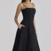 Dolly Black Cotton Flared Midi Sundress