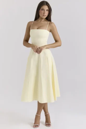 Dolly Lemon Stretch Cotton A-Line Midi Sundress