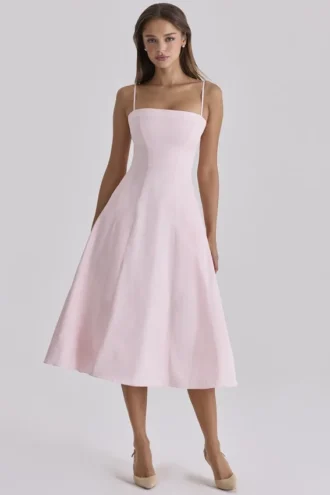 Dolly Pink Sateen Cotton Flared Midi Sundress