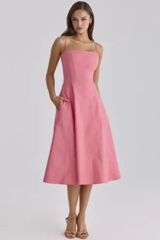 Dolly Raspberry Cotton Flared Midi Sundress