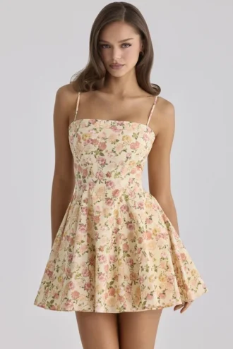 Dolly Warm Rose Print Cotton Flared Mini Sundress