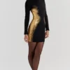 Domenica Black & Gold Foil Print Mini Dress