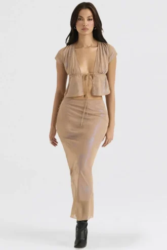 Dyana Shimmer Cafe Au Lait Bias Cut Maxi Skirt