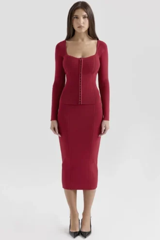 Eliane Red Bodycon Midi Skirt