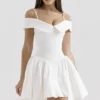 Elida White Twill Off Shoulder Mini Dress
