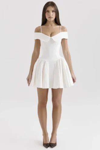 Elida White Twill Off Shoulder Mini Dress