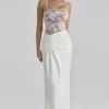 Eliette White Embellished Lace and Satin Maxi Dress