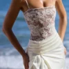 Eliette White Embellished Lace and Satin Maxi Dress
