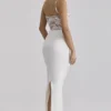 Eliette White Embellished Lace and Satin Maxi Dress
