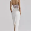 Eliette White Embellished Lace and Satin Maxi Dress