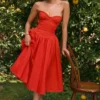 Elizabeth Italian Tomato Strapless Midi Sundress