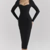 Ella Black Stretch Crepe Long Sleeve Midi Dress