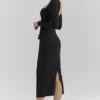 Ella Black Stretch Crepe Long Sleeve Midi Dress