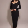 Ella Black Stretch Crepe Long Sleeve Midi Dress
