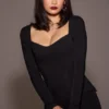 Ella Black Stretch Crepe Long Sleeve Midi Dress