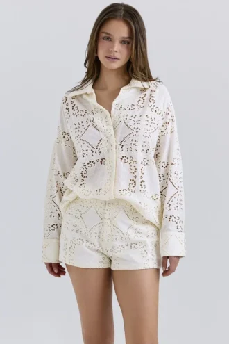 Eman White Cotton Broderie Anglaise Shorts