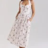 Emilia Cream Floral Print Stretch Cotton Halter Neck Midi Dress