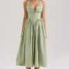 Emilia Sage Stretch Cotton Halter Neck Midi Dress