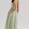 Emilia Sage Stretch Cotton Halter Neck Midi Dress