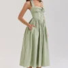 Emilia Sage Stretch Cotton Halter Neck Midi Dress