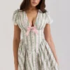 Emiliana Green Stripe Floral Print Stretch Cotton Mini Dress