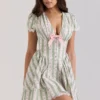 Emiliana Green Stripe Floral Print Stretch Cotton Mini Dress