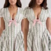 Emiliana Green Stripe Floral Print Stretch Cotton Mini Dress