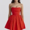 Emmanuela Italian Tomato Strapless Pleated Mini Dress