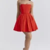 Emmanuela Italian Tomato Strapless Pleated Mini Dress