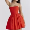 Emmanuela Italian Tomato Strapless Pleated Mini Dress