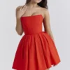 Emmanuela Italian Tomato Strapless Pleated Mini Dress