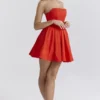 Emmanuela Italian Tomato Strapless Pleated Mini Dress